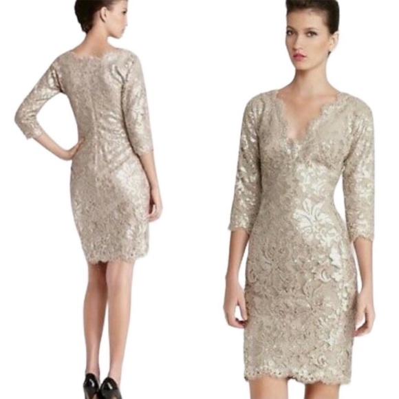 Tadashi Shoji NWT Sequin Dress 3/4 Sleeve Cocktail Party Formal Champagne Size 6